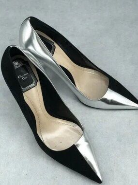 Authentic Christian Dior Black Suede & Silver Metallic Pointed Toe Pumps 38.5